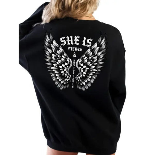 "SHE IS FIERCE and UNSTOPPABLE Women's Shirt with Angel Wings Graphic, Hoodie, or Sweatshirt, Unisex Sizes Up to 5XL,...