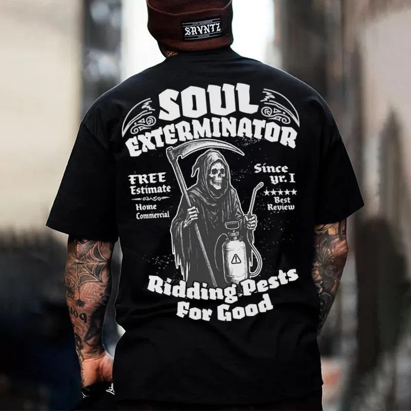 SOUL EXTERMINATOR Ridding Pests For Good Skeleton Print Men's T-Shirt Hoodie, Sweatshirt | PureTeeCo.com