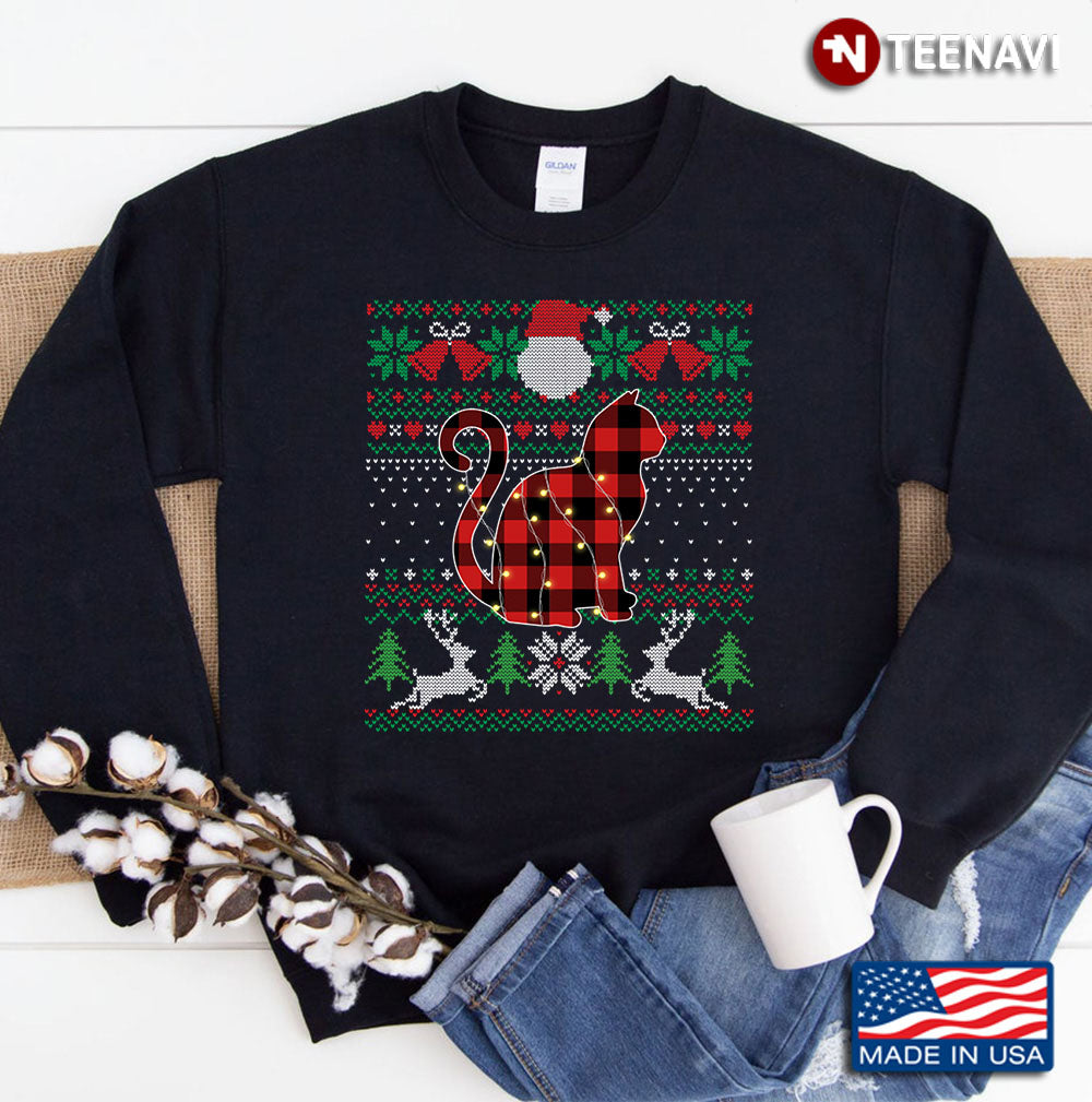 Funny Red Plaid Cat Ugly Sweater Xmas Lights Gifts Cat Lover Sweatshirt