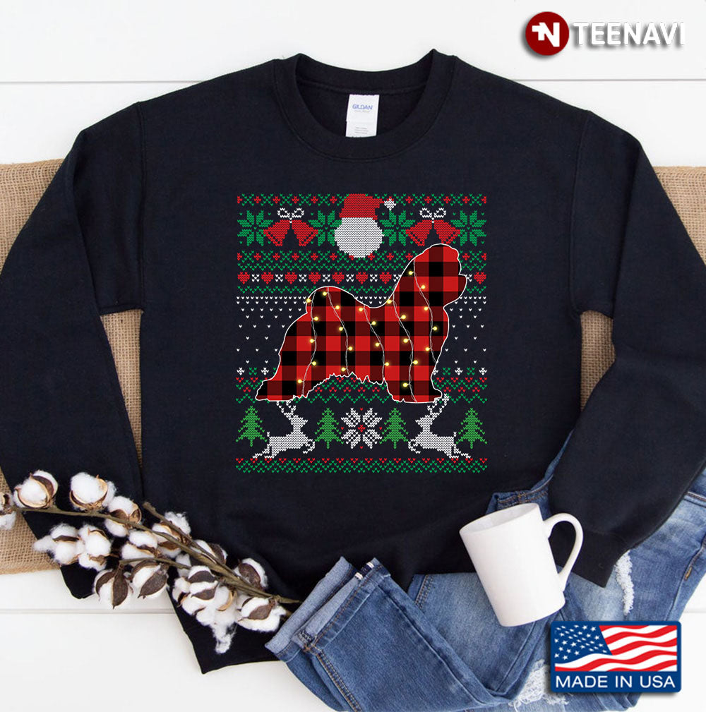 Funny Red Plaid Maltese Ugly Sweater Xmas Lights Gifts Dog Sweatshirt