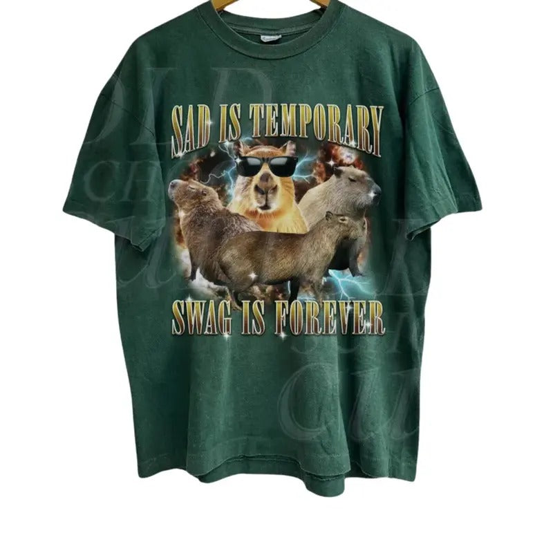 Sad Is Temporary Swag is Forever Vintage 90s T-Shirt, Retro 90s Capybara T Shirt, Funny Y2k Washed Graphic Tee, Funny...