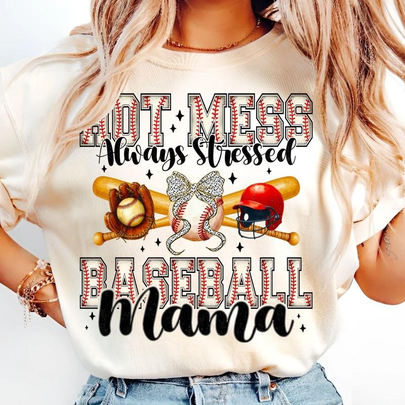 [Sale To 45% Off] Hot Mess Always Stressed Baseball Mama T-Shirt, Trendy Game Day Sports T-Shirt, Baseball Mom Bow...