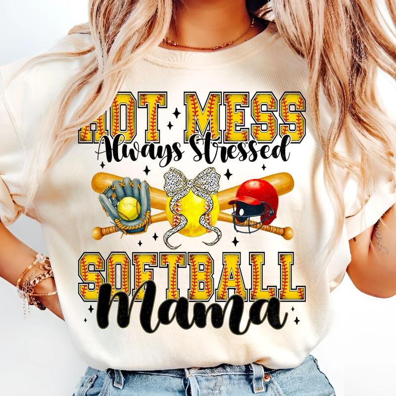 [Sale To 45% Off] Hot Mess Always Stressed Softball Mama T-Shirt, Trendy Game Day Sports T-Shirt, Softball Mom Bow...