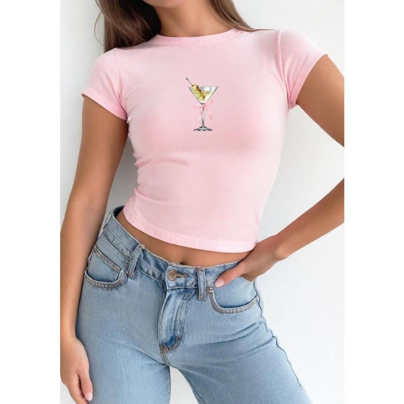 [Sale Up To 20%] Dirty Martini Pink Bow Baby Tee, Baby Tee, Cute Bow Graphic T, 90s TShirt Casual Comfort