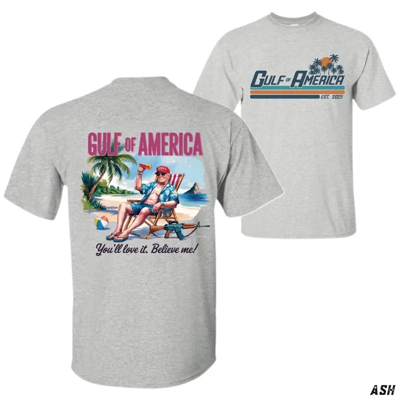 [Sale Up To 50%] Gulf of America T-Shirt, Fun Beach Vibes with Retro Design and Slogan, Tropical Vacation Tee for Beach Lovers