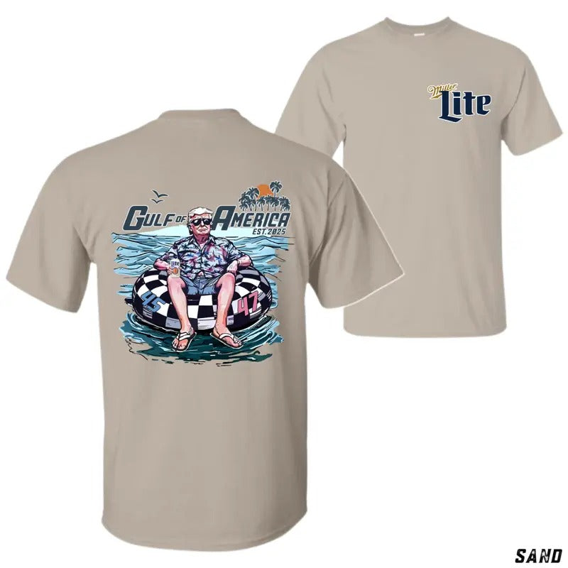 [Sale Up To 50%] Gulf of America T-Shirt, Relaxed Float Design Featuring 45 & 47, Retro Summer Vacation Tee with Miller Lite Branding for Beach Lovers and Freedom Seekers
