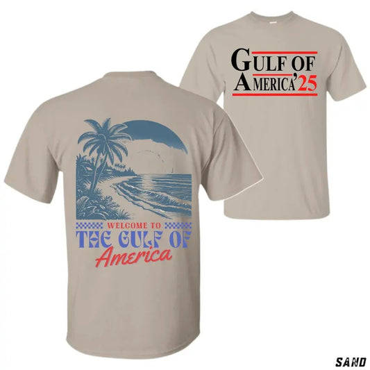 [Sale Up To 50%] Gulf of America T-Shirt, Retro Beach Scene with 'Welcome to the Gulf of America' Design, Tropical Vacation Tee for Beach Lovers
