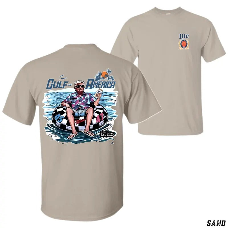 [Sale Up To 50%] Gulf of America T-Shirt, Tropical Flamingo Float Design Featuring 45 & 47, Retro Summer Vacation Tee with Lite Branding for Beach Lovers and Freedom Seekers