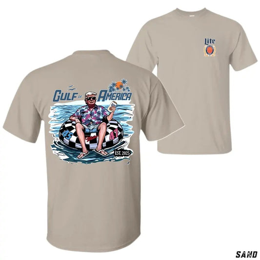 [Sale Up To 50%] Gulf of America T-Shirt, Tropical Flamingo Float Design Featuring 45 & 47, Retro Summer Vacation Tee with Lite Branding for Beach Lovers and Freedom Seekers