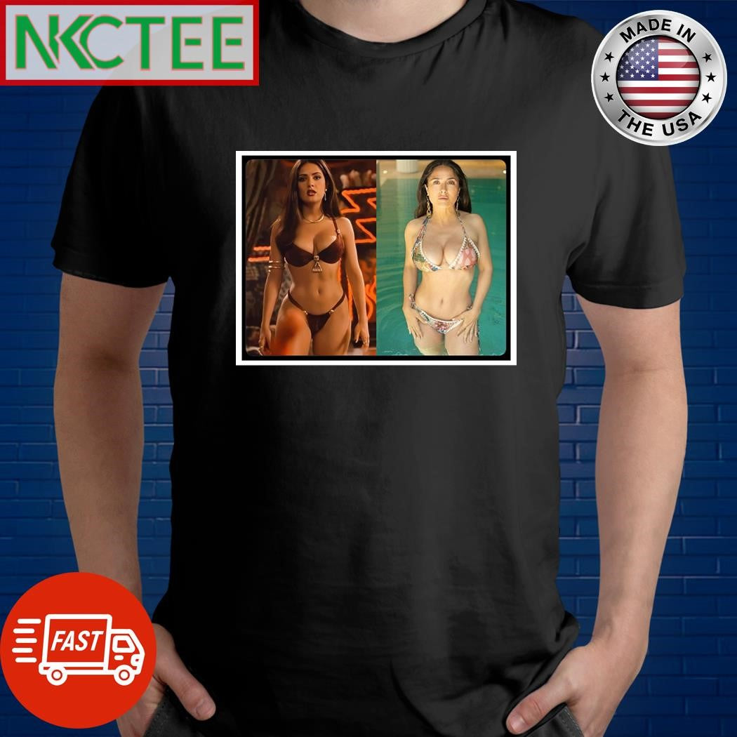 Salma Hayek in 1997 vs. 2024 shirt