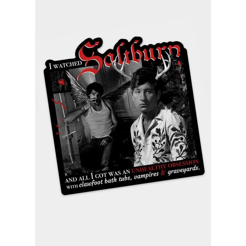 Saltburn Obsession sticker, Oversized 4x4 inch die cut Sticker (sticker is printed dark). T-Shirts, Hoodie, Sweatshirt