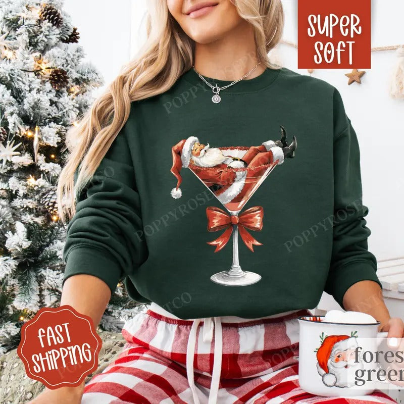 Santa Martini Sweatshirt, Merry Christmas Sweater, Women's Holiday Crewneck T-Shirts, Hoodie | PureTeeCo.com