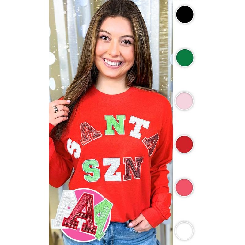 Santa Season Sequin Graphic Long Sleeve T-Shirt Hoodie, Sweatshirt | PureTeeCo.com