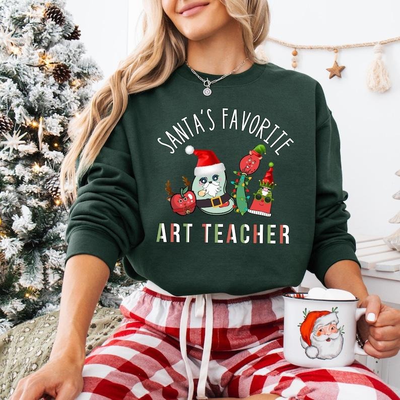 Santa's Favorite Art Teacher Christmas Sweatshirt, Christmas Art Lover T-shirt, Xmas Art Teacher Shirt, Very Merry Art...