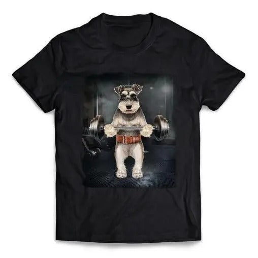 Schnauzer Dog Muscle Workout with Barbell Weightlifting at Gym - Short-Sleeve Unisex, Men Made in USA T-Shirts, Hoodie,...