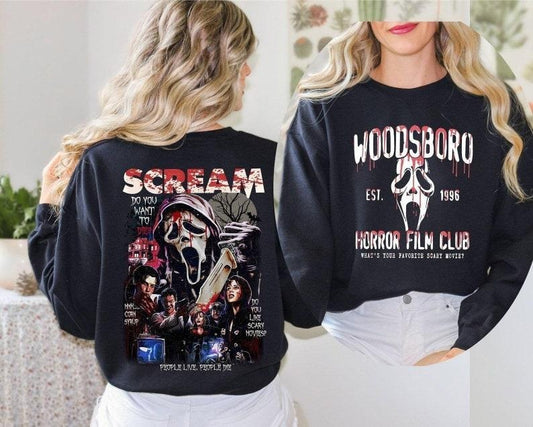 Scream Horror Film 2Sided Sweatshirt Scream Ghost Gruesome Face Merch Popular Print Unisex Trendy Casual Streetwear Sweatshirt, Halloween Ghost Face, Halloween Sweatshirt, Scream Horror Film Halloween Hoodies, Halloween 2024 Sweatshirt