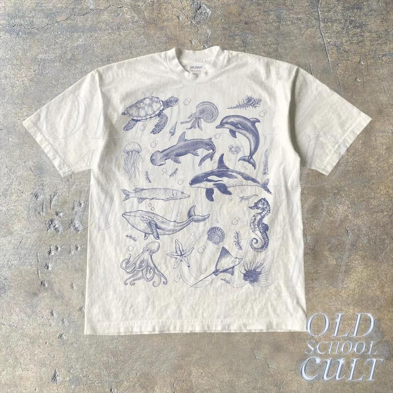 Sea Animal 90s Retro Tshirt, Ocean Nature Shirt, Sealife, Ocean, Whale, Orca, Turtle, Dolphin Shit, Unisex Adult Tee,...