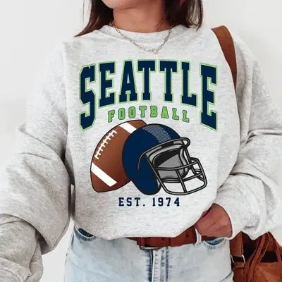 Seattle Football Sweatshirt, Vintage Unisex Seattle Crewneck, Gift for Football Fan, Oversized Seattle Sweatshirt Cotton...