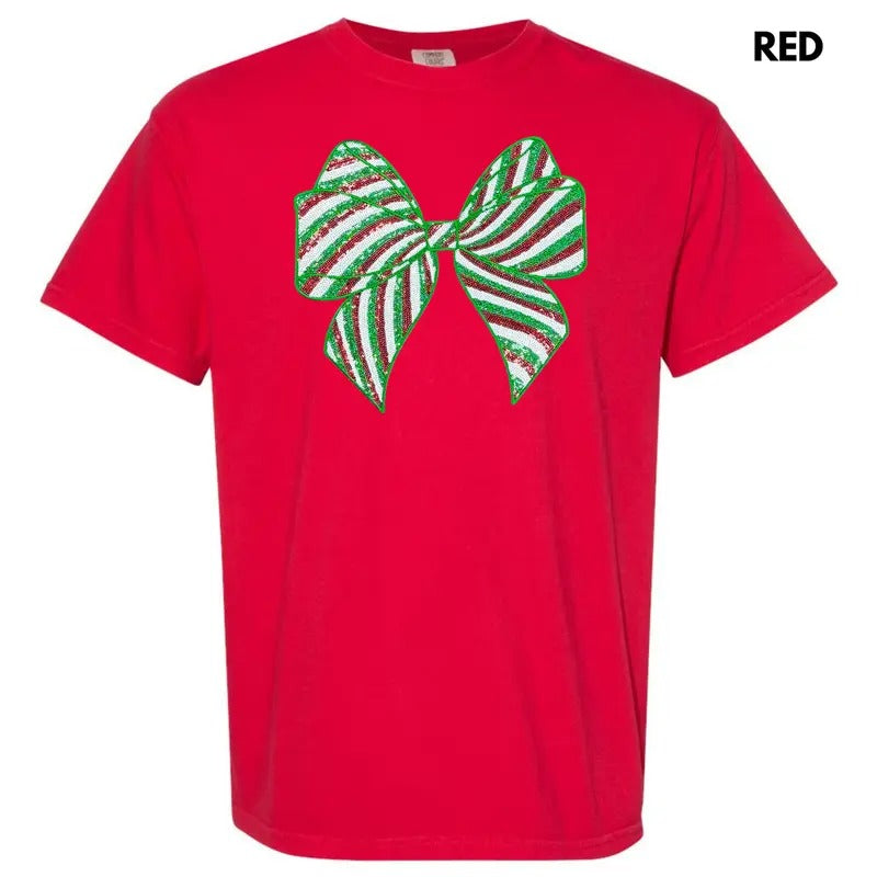 Sequin Red & Green Bow Patch Comfort Colors T-Shirt Hoodie, Sweatshirt | PureTeeCo.com