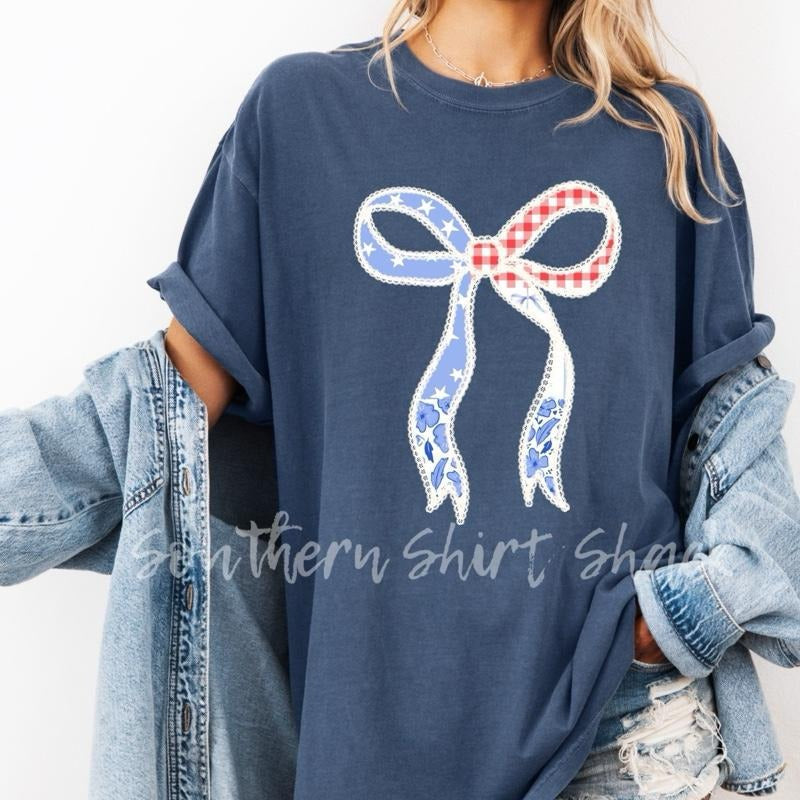 Shabby Chic Patriotic Bow t shirt  | Denim comfort colors t shirt | 4th of July T shirt Hoodie, Sweatshirt | PureTeeCo.com