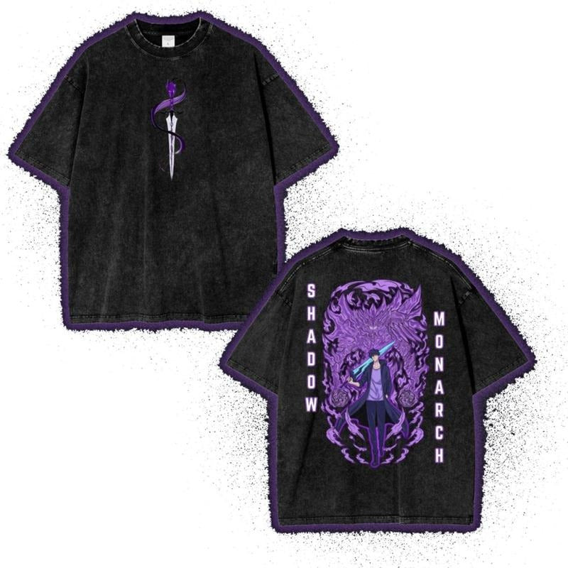 Shadow Monarch Anime Mineral Wash T-Shirt, Solo Leveling Inspired Graphic Tee, Dark Fantasy Streetwear, Year-Round Style,...
