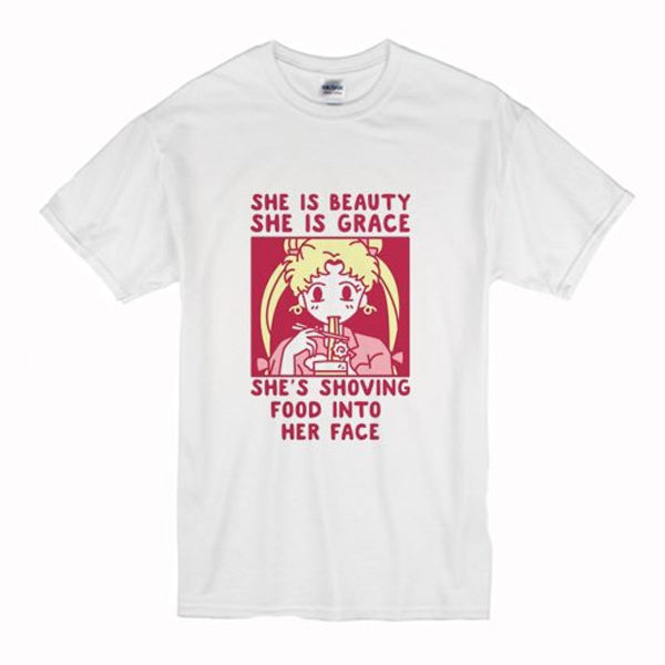 She is Beauty She is Grace She’s Shoving Food Into Her Face Sailor Moon T-Shirt Hoodie, Sweatshirt | PureTeeCo.com