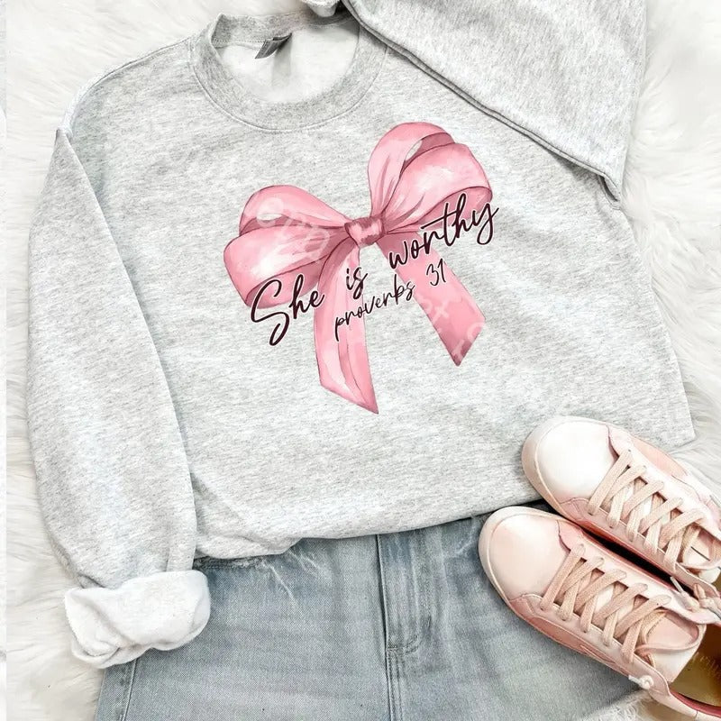 She is Worthy coquette bow Sweatshirt | Ash Gray Sweatshirt jesus shirt Hoodie | PureTeeCo.com