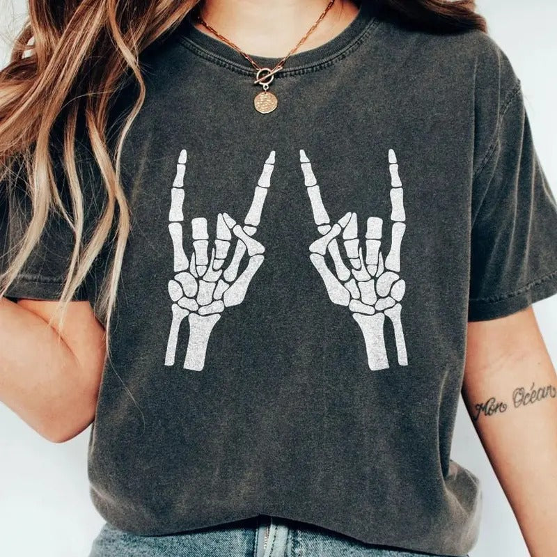 Skeleton Hand T-Shirt, Skeleton Shirt, Horror Gift, Skeleton Rock Hand Sweatshirt, Rock and Roll Shirt, Funny Halloween...
