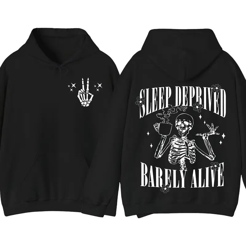 Sleep Deprived Barely Alive Funny Skeleton Halloween Pullover Hoodie, Gift for Him, Gift for Her T-Shirts, Sweatshirt