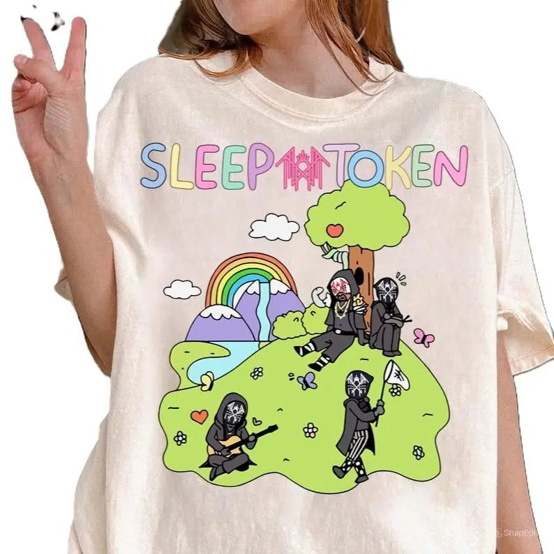 Sleep Token C0wboy Rider Shirt Cute Rainbow T-shirt, Vintage 90s style top clothing, Unisex graphic Streetwear shirts...
