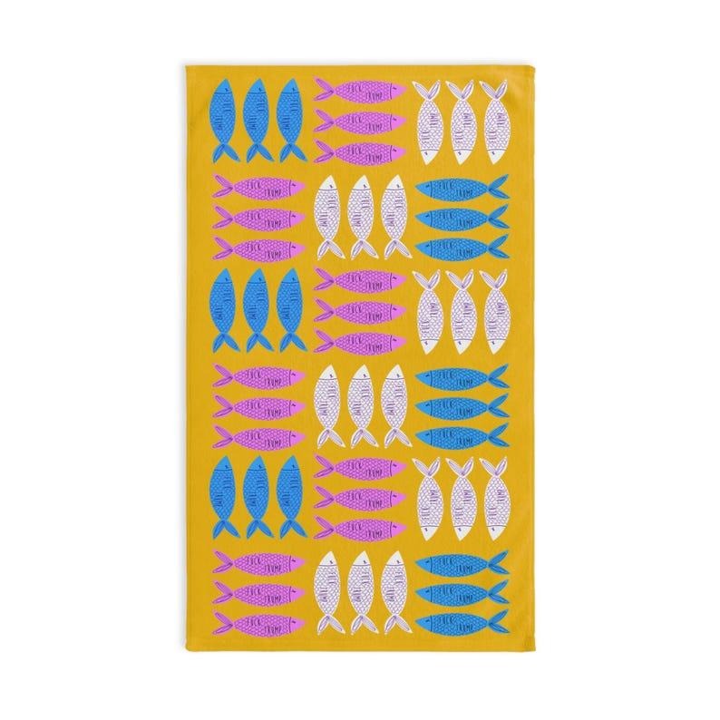 Slightly Subtle Sardine Pink Blue White on Yellow Hand Towel, FDT Fish Coastal Kitchen Towel, Beach House Gift, Nautical...
