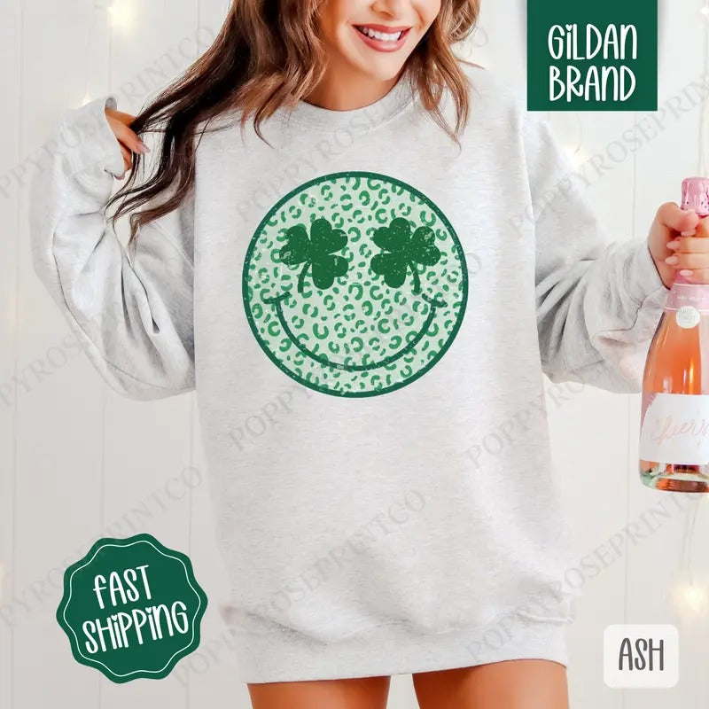 Smiley Face St Patrick Sweatshirt, St Patrick's Day Crewneck, Cute Women's Sweater T-Shirts, Hoodie | PureTeeCo.com