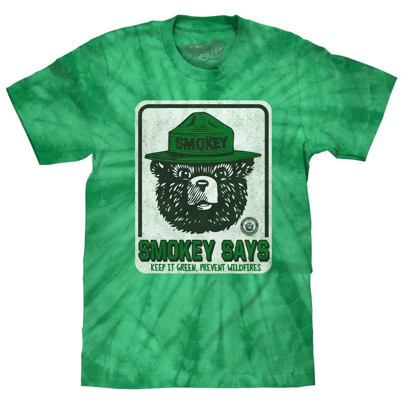 Smokey Bear Keep it Green, Prevent Wildfires Tie Dye T-Shirt - Kelly Green Tie Dye Hoodie, Sweatshirt | PureTeeCo.com