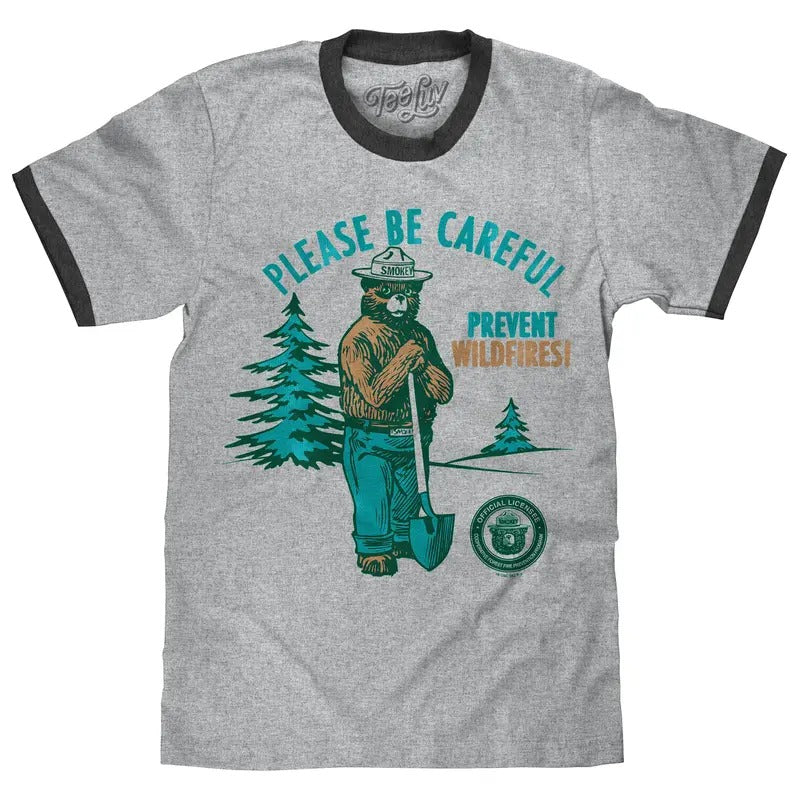 Smokey Bear Please Be Careful Prevent Wildfires Ringer T-Shirt - Gray and Black Hoodie, Sweatshirt | PureTeeCo.com