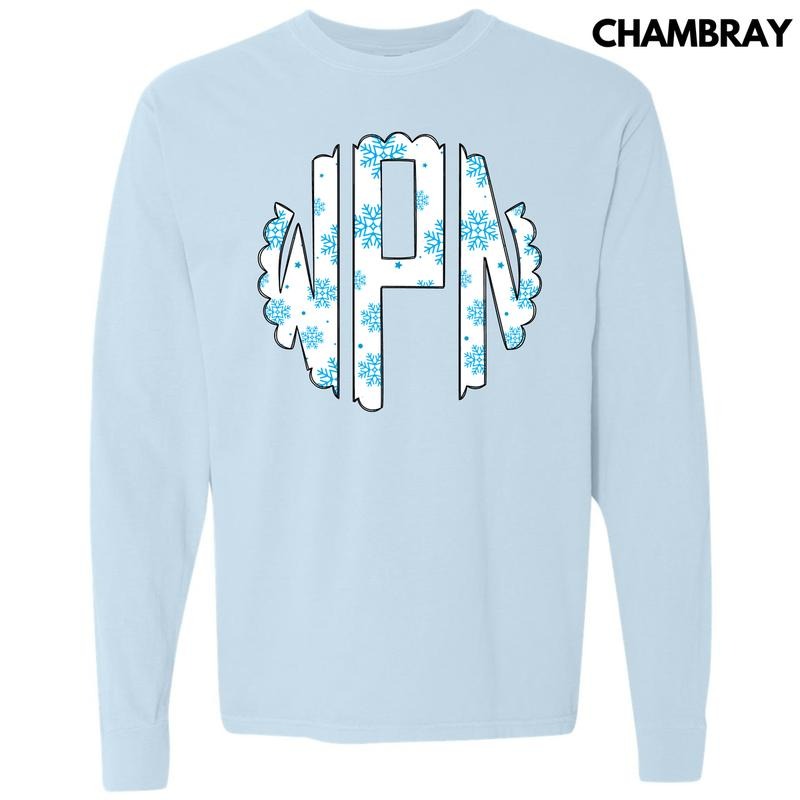 Snowflake Monogram Long Sleeve Comfort Colors T-Shirt 'NLB' Hoodie, Sweatshirt | PureTeeCo.com