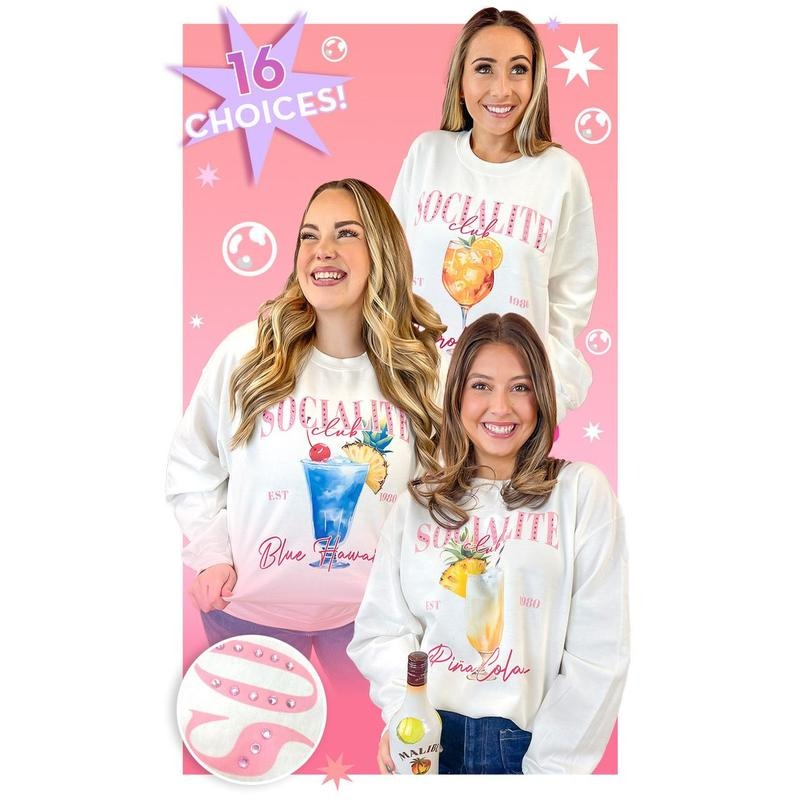 Socialite Drink Club Rhinestone Graphic Sweatshirt T-Shirts, Hoodie | PureTeeCo.com