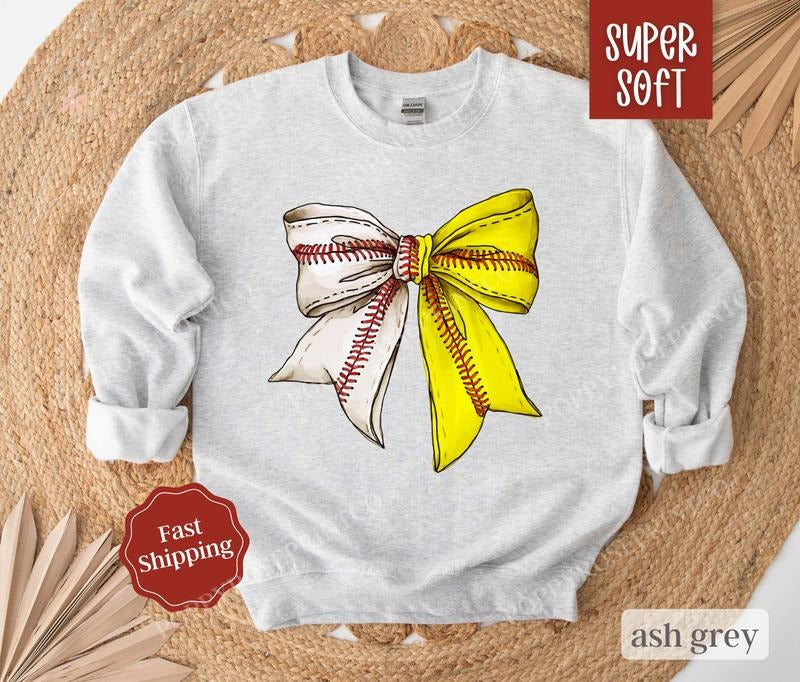 Softball And Baseball Bow Sweatshirt, Game Day Baseball Crewneck, Womens Sweatshirt, Fall Sweater T-Shirts, Hoodie