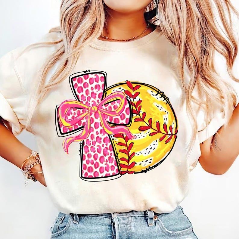 Softball Coquette T-shirt, Christian Softball, Jesus Softball, Game Day Bow, Mama Hoodie, Sweatshirt | PureTeeCo.com