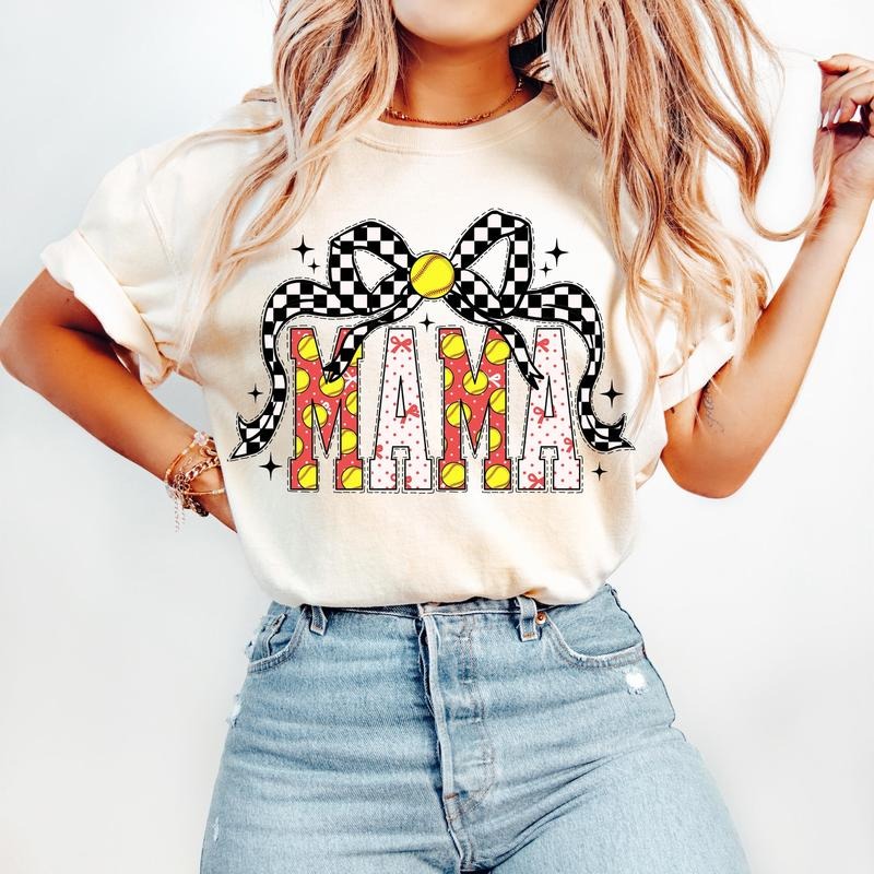Softball Mama T-Shirt, Softball Coquette T-Shirt, Game Day T-Shirt, Softball Bow T-Shirt, Checkered Softball Mom T-Shirt,...