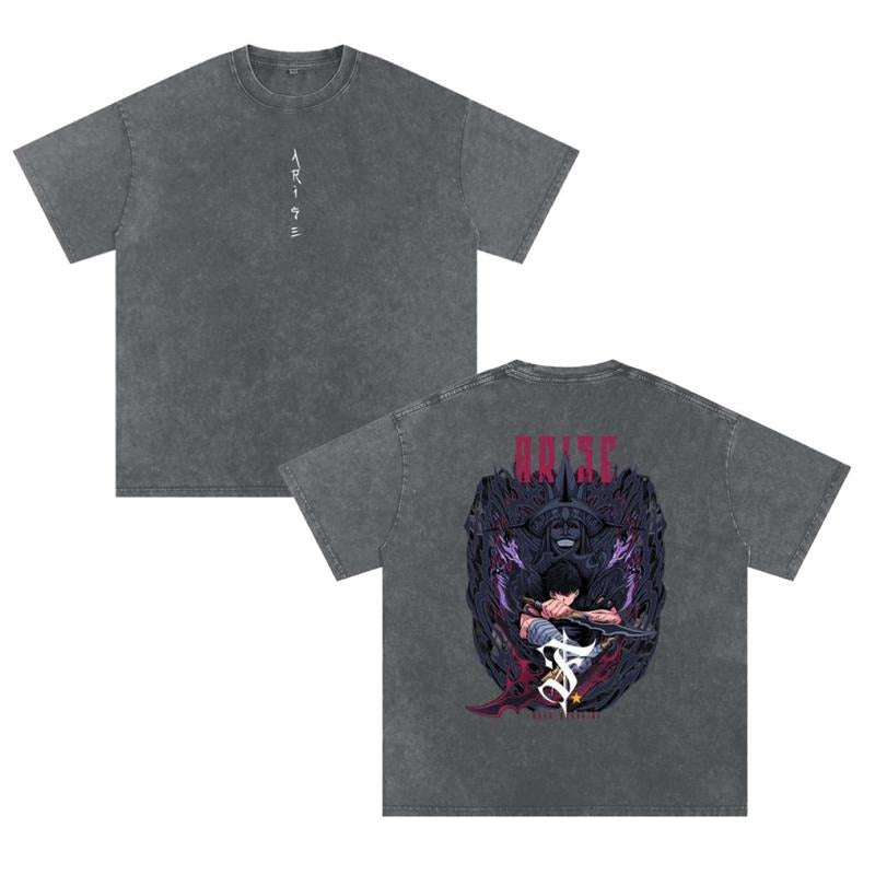 Solo Leveling "Arise" Acid Wash T-Shirt, Sung Jin-Woo Anime Graphic Tee, Shadow Monarch Shirt, Made to Last, Durable...