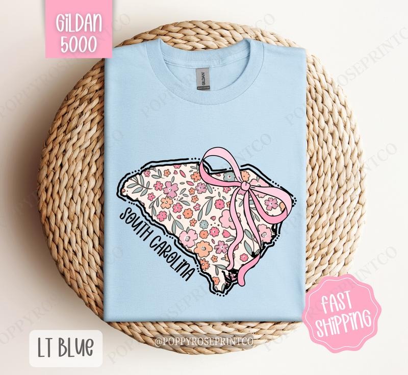 South Carolina Floral Bow Gildan T-shirt, Cute Trendy Tee, State Coquette Oversized Top Hoodie, Sweatshirt | PureTeeCo.com