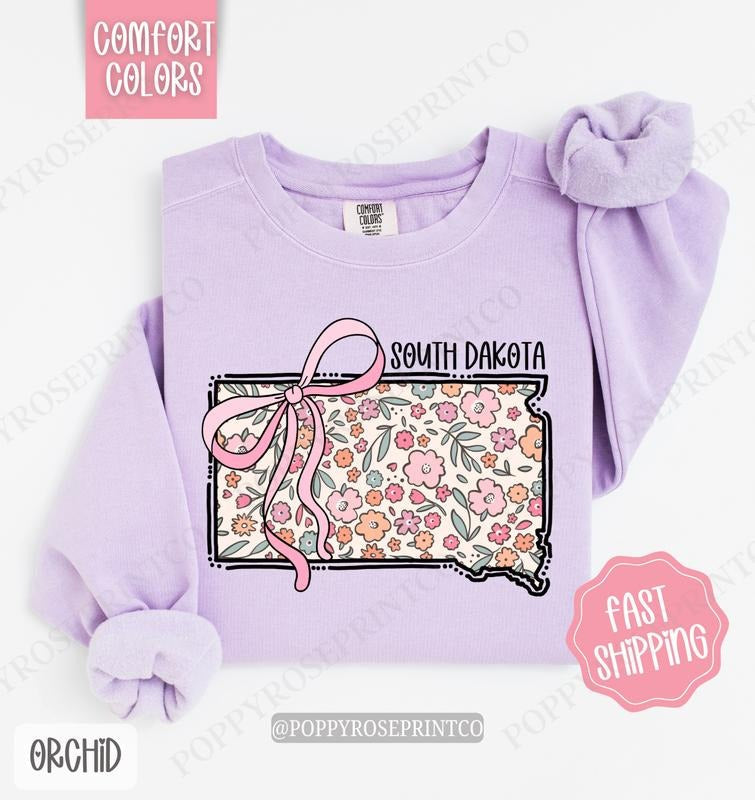 South Dakota Floral Bow Comfort Colors Sweatshirt, Cute Trendy State Coquette Pullover T-Shirts, Hoodie | PureTeeCo.com