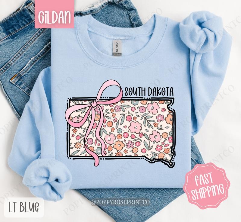 South Dakota Floral Bow Gildan Sweatshirt, Cute Trendy State Coquette Pullover T-Shirts, Hoodie | PureTeeCo.com