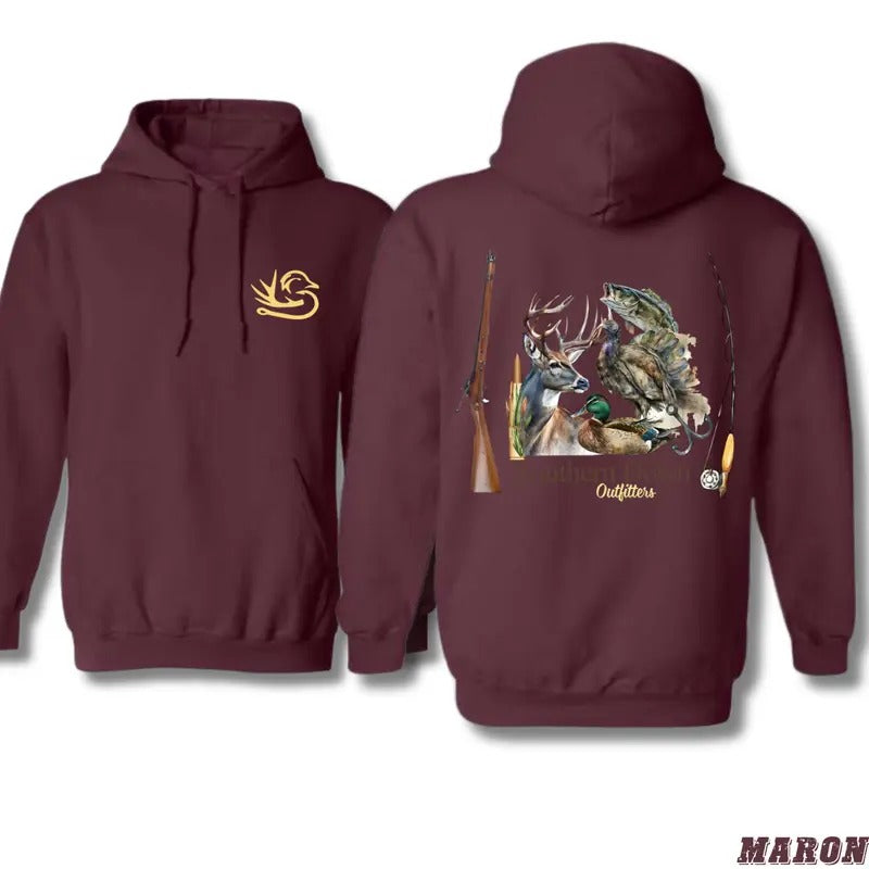 Southern Down Outfitters Hoodie - Outdoor Enthusiast Design with Deer, Duck, Bass, Rifle, and Fishing Rod, Ideal for...
