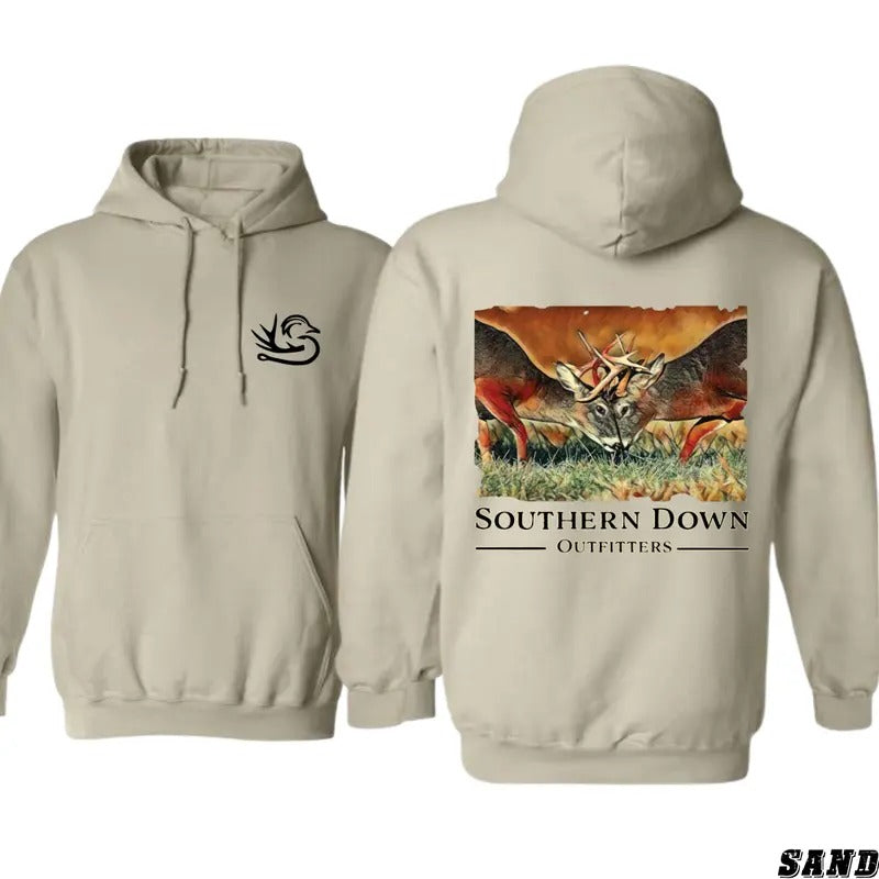 Southern Down Outfitters Hoodie - Striking Deer Battle Scene Capturing the Spirit of the Hunt, Ideal for Wildlife...