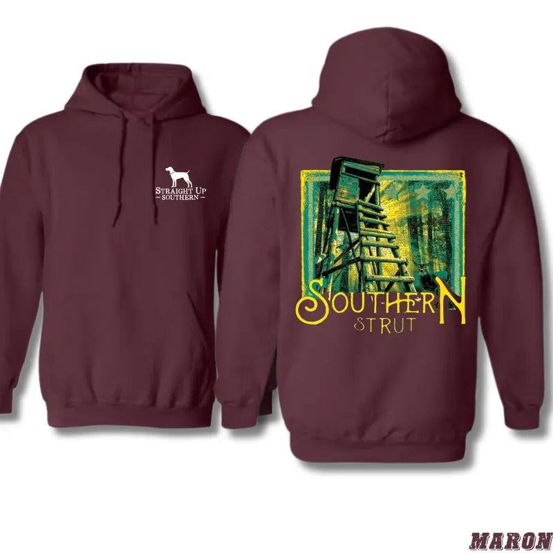 Southern Strut Hoodie - Rustic Hunting Stand Graphic with Bold Southern Pride Design, Perfect for Outdoor Enthusiasts and...