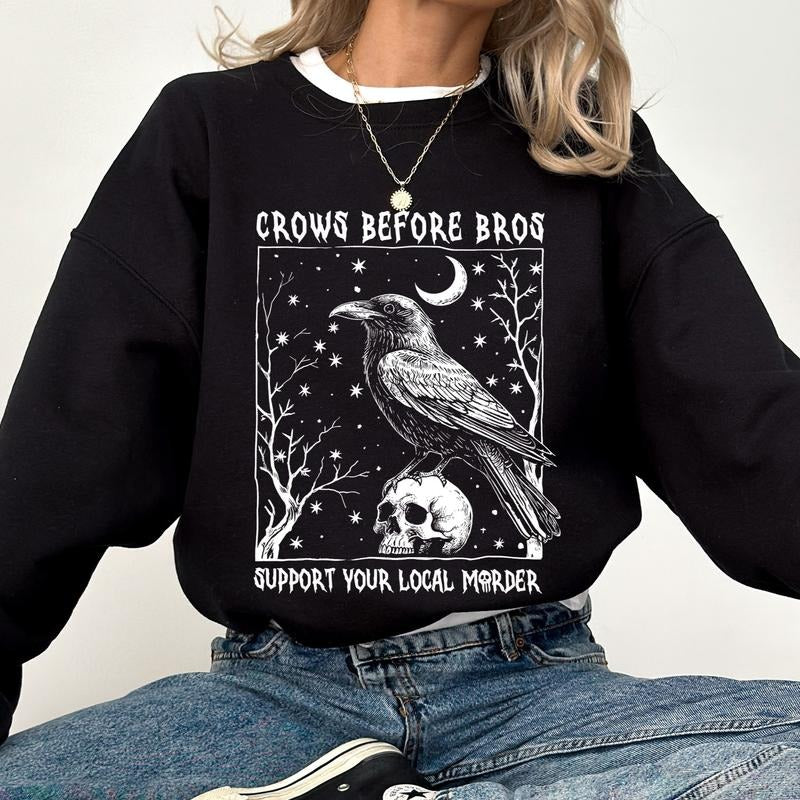 Spooky Crows Before Bros Sweatshirt, Gothic Raven Crewneck, Support Your Local Mrder Sweater, Funny Bird Lover Gift,...