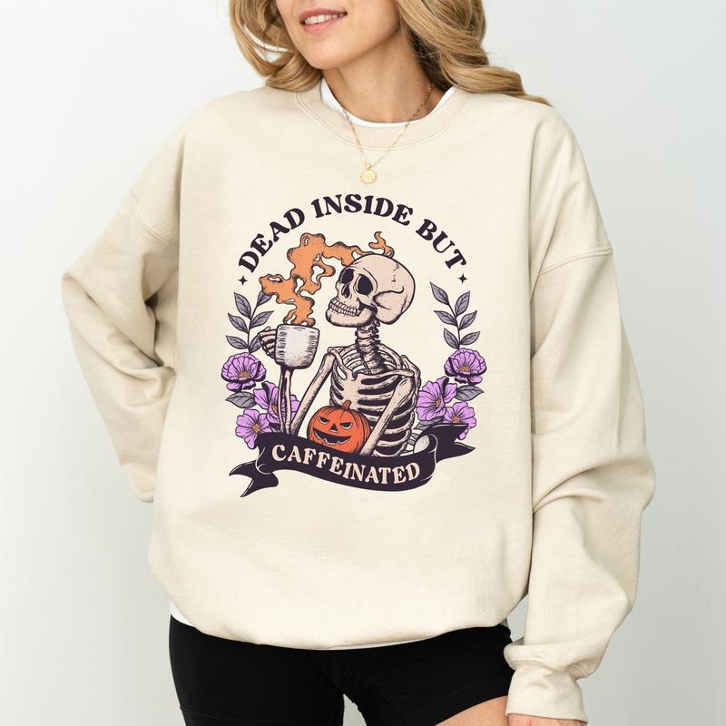 Spooky Drinking Coffee Sweatshirt, Inside But Caffeinated Crewneck, Halloween Sweater, Coffee Lover Gift Shirt, Spooky...