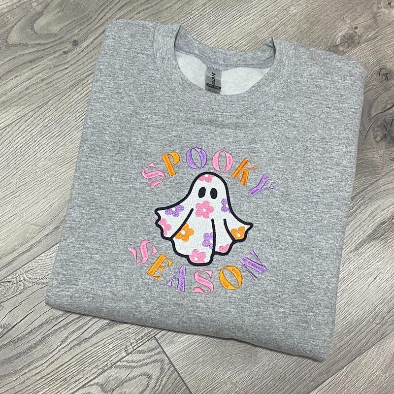 Spooky Season Groovy Floral Ghost Crewneck T-Shirts, Hoodie, Sweatshirt | PureTeeCo.com