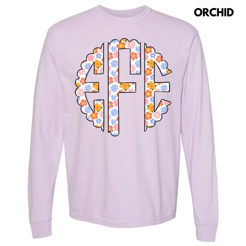 Spring Flowers Monogram Long Sleeve Comfort Colors T-Shirt 'NLB' Hoodie, Sweatshirt | PureTeeCo.com